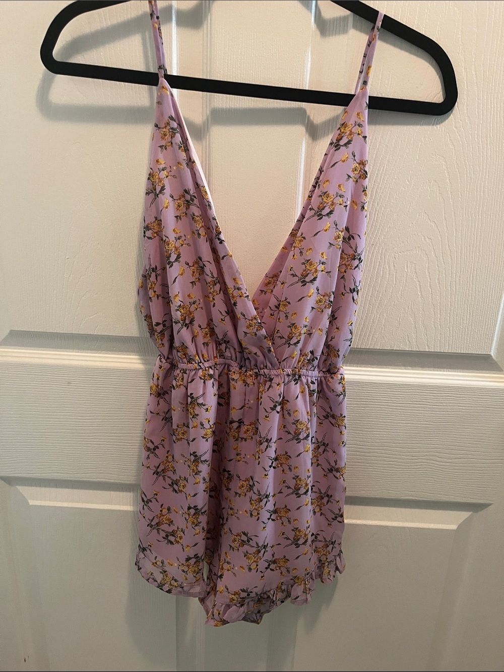 audrey Lavender Floral V-Neck Romper Chemise with Yellow Blossoms